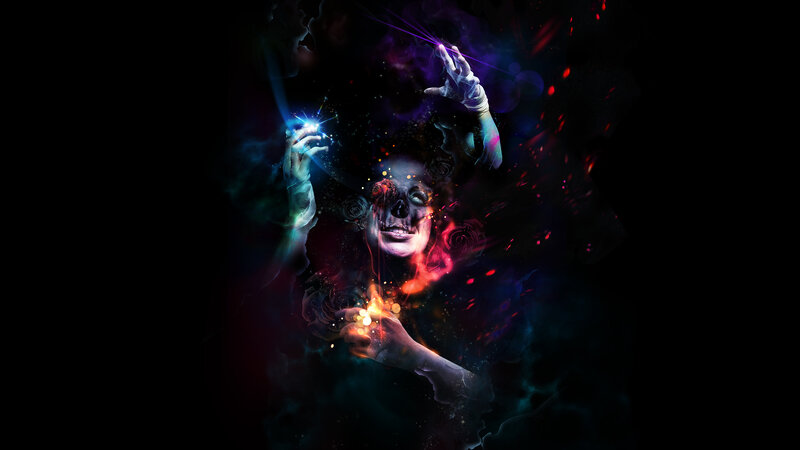 Skeletal Figure with Glowing Hands — Black