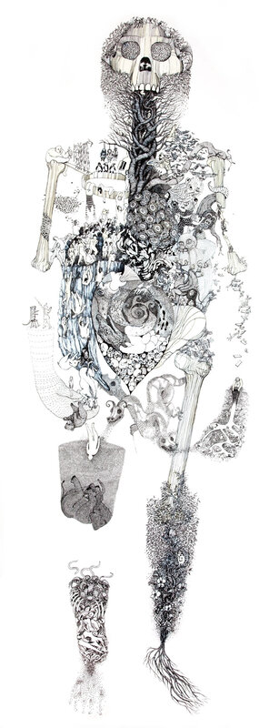 skeletal figure with internal scenes