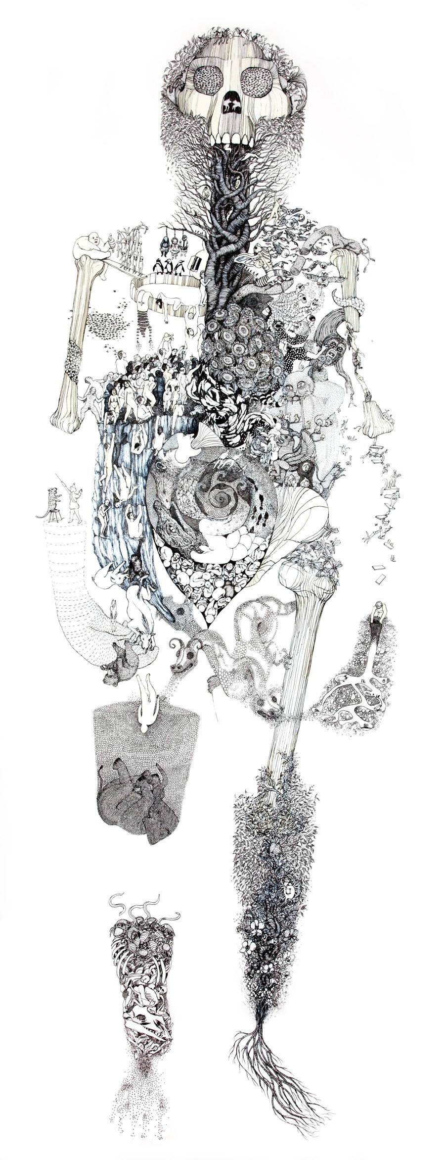 skeletal figure with internal scenes