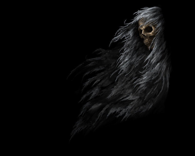 Skeletal Figure with Long Hair — Black, Dramatic, Digital Art