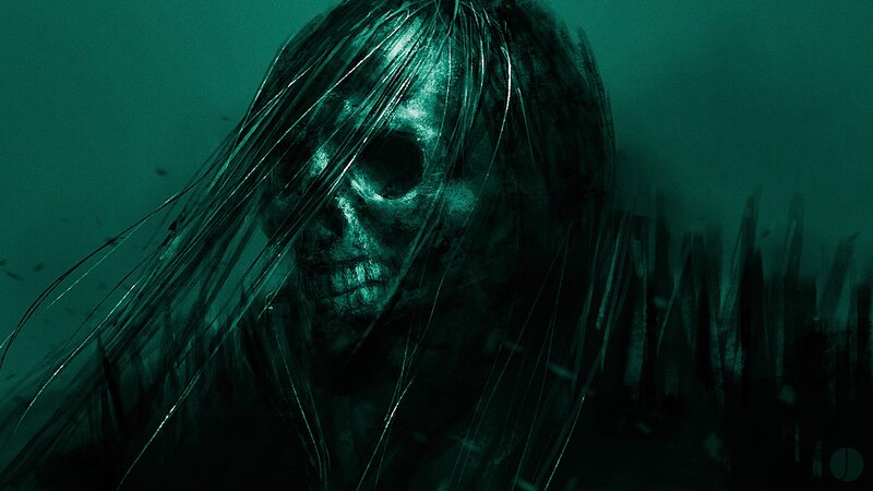Skeletal Figure with Long Hair — Teal, Dark, Eerie
