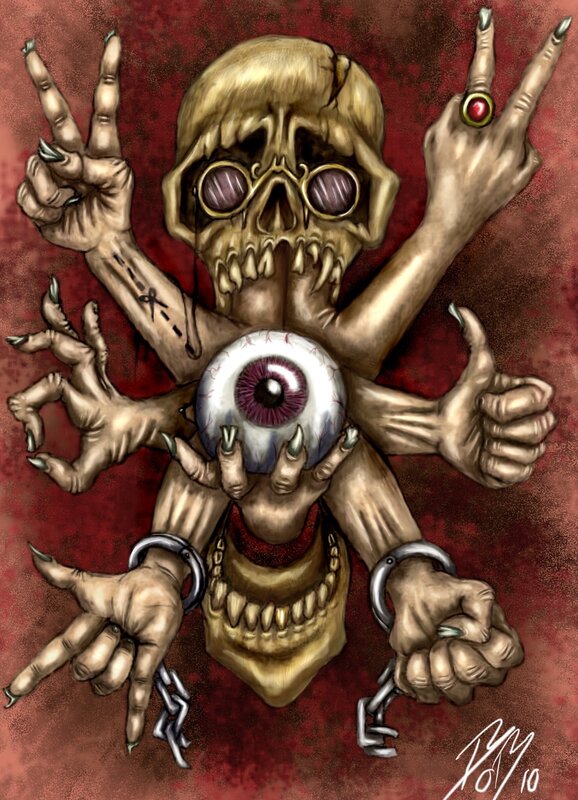skeletal figure with multiple hands