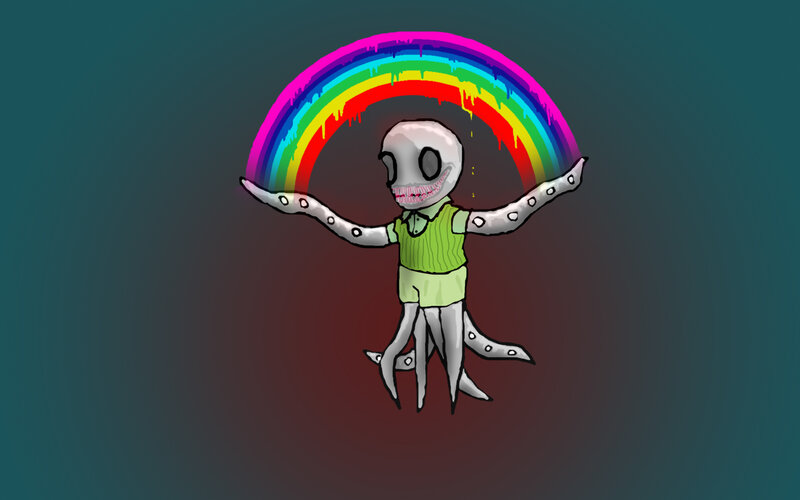 skeletal figure with rainbow