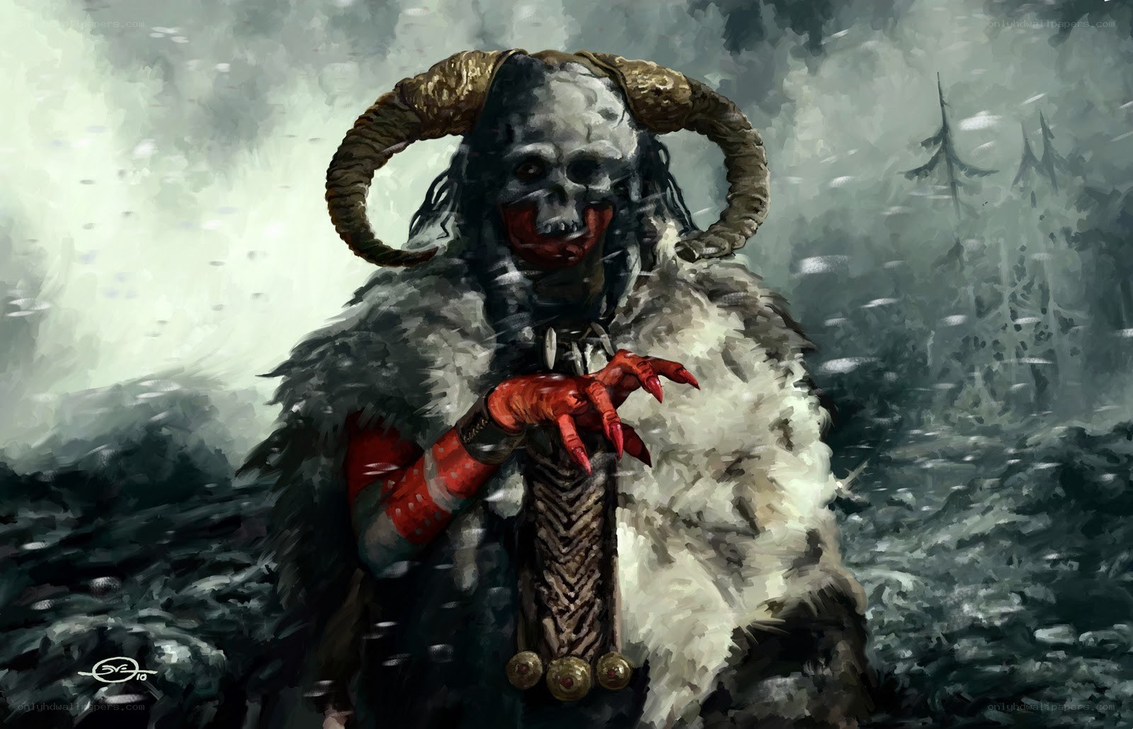 skeletal figure with ram horns
