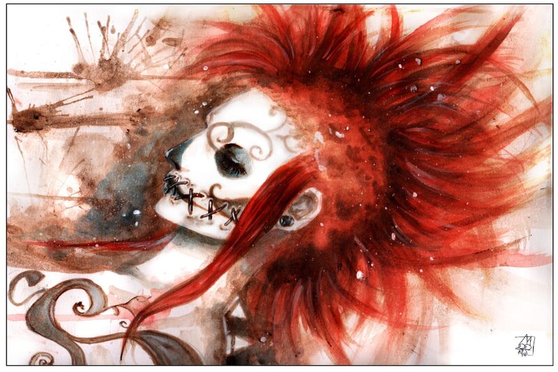 skeletal figure with red hair