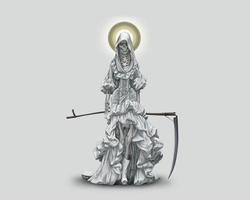 Skeletal Figure with Scythe — Gray, Dramatic