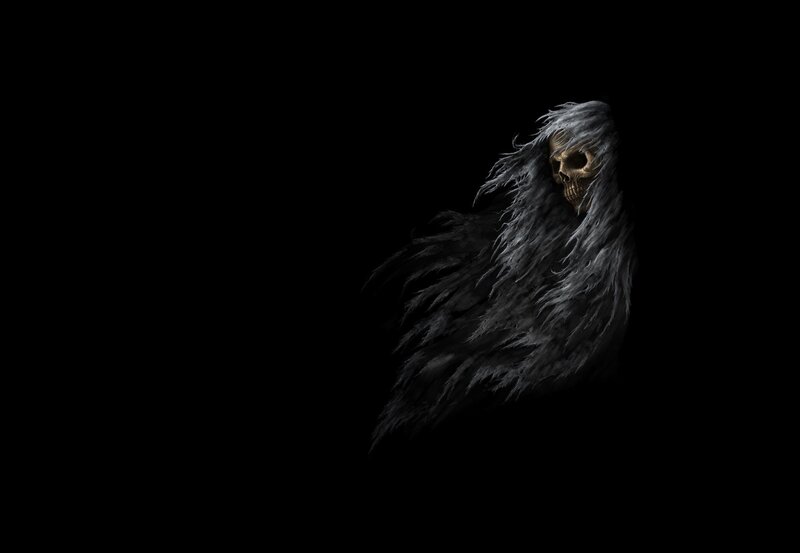 Skeletal Figure with Skull — Black, Dark, Digital Art, Cloak