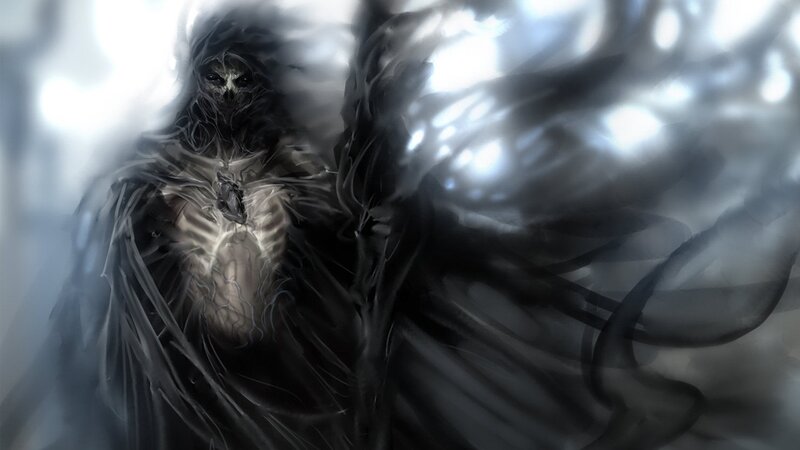 Skeletal Figure with Wings — Black, Dramatic, Digital Art, Skull, Dark Cloak