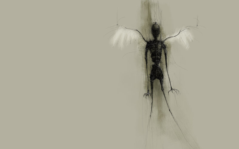 Skeletal Figure with Wings — Gray, Dark, Digital Art