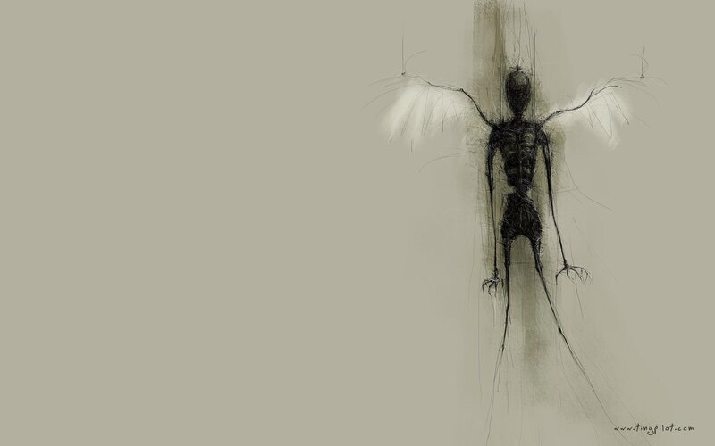 Skeletal Figure with Wings — Gray, Eerie, Digital Art