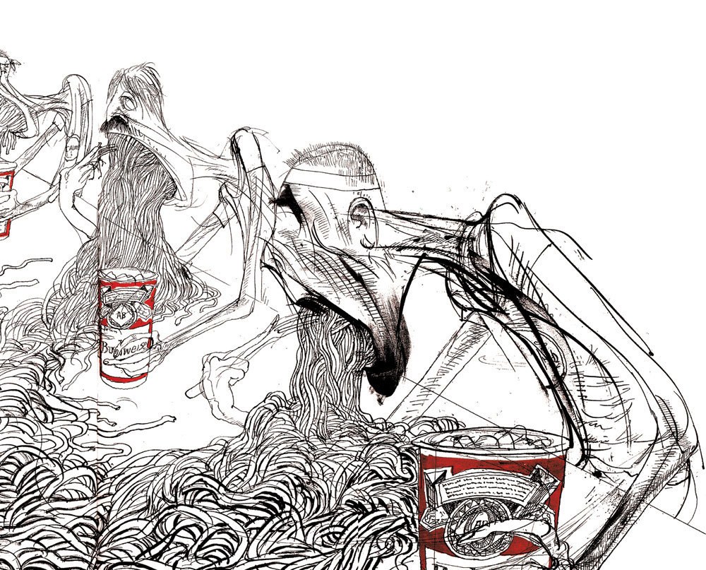 Skeletal figures eating noodles