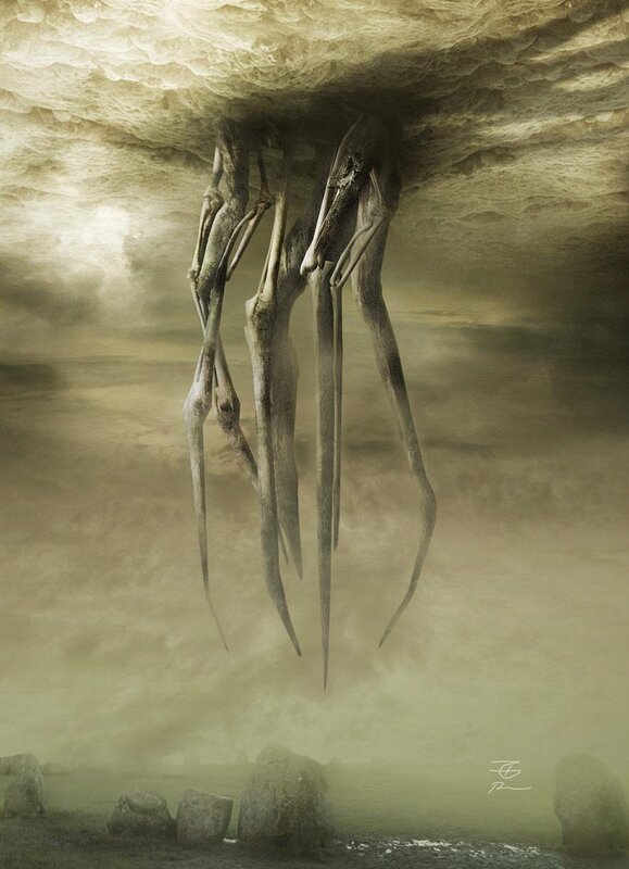 Skeletal figures hang from cave ceiling