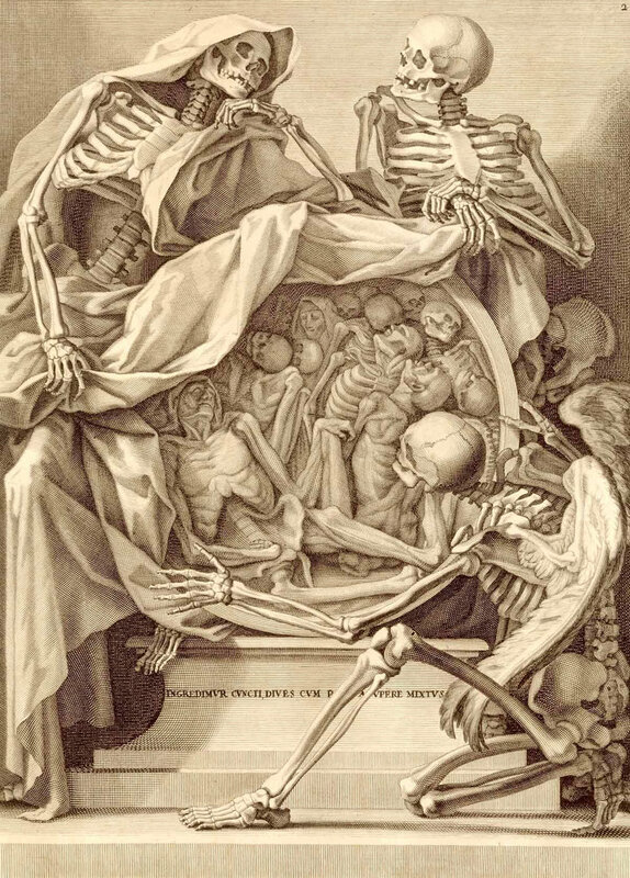 Skeletal figures in a macabre scene