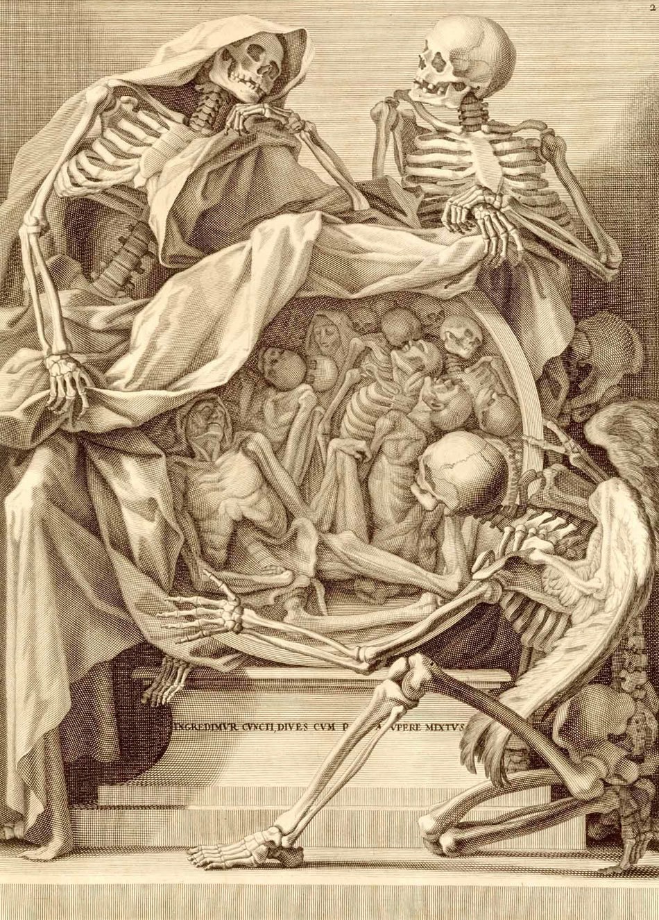 Skeletal figures in a macabre scene