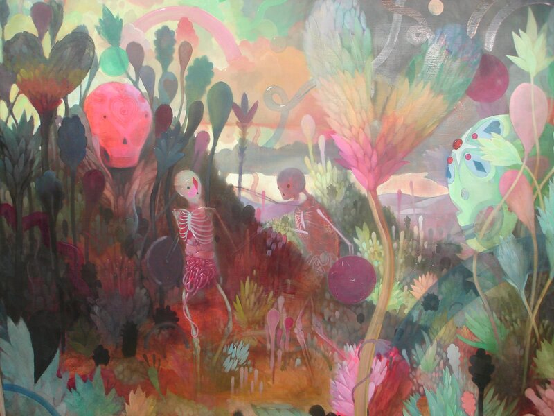 skeletal figures in a surreal garden