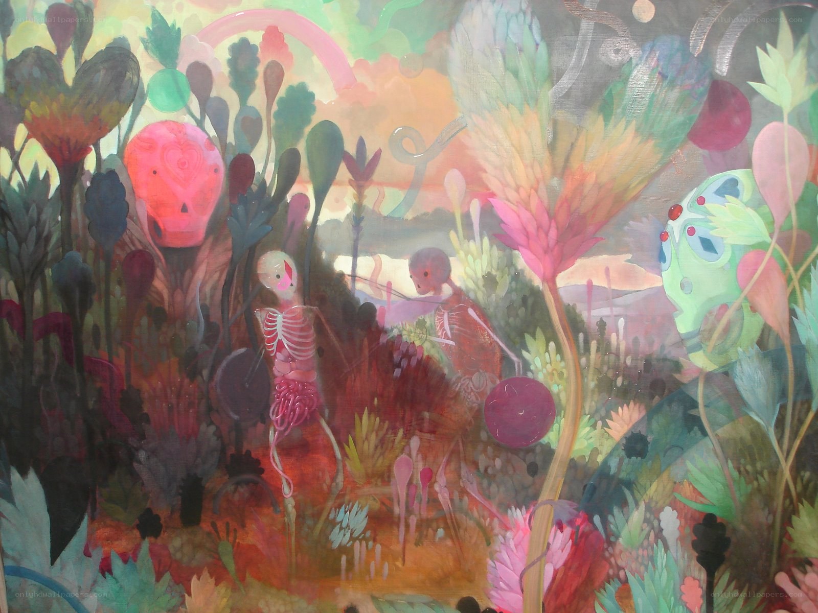 skeletal figures in a surreal garden