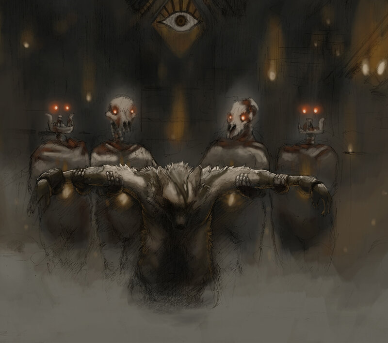 skeletal figures in dark chamber