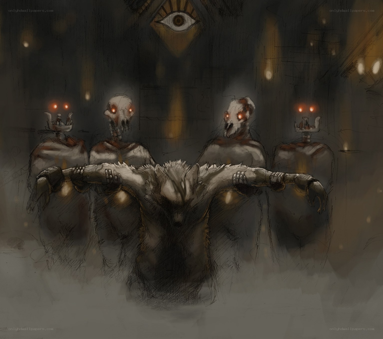 skeletal figures in dark chamber