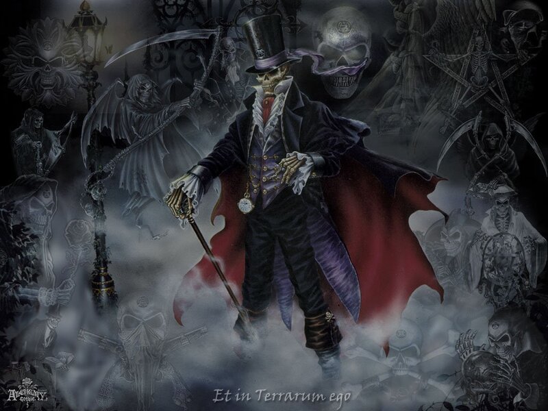 skeletal gentleman in a gothic scene