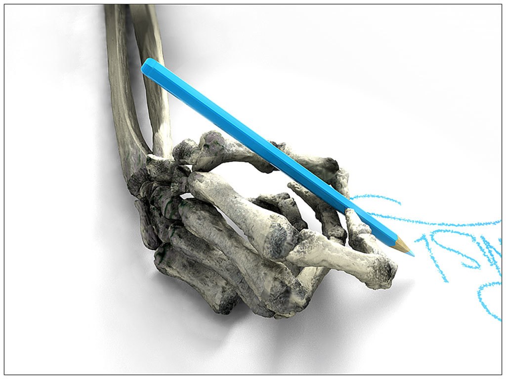 skeletal hand holding a pencil