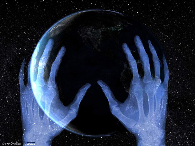 skeletal hands holding earth