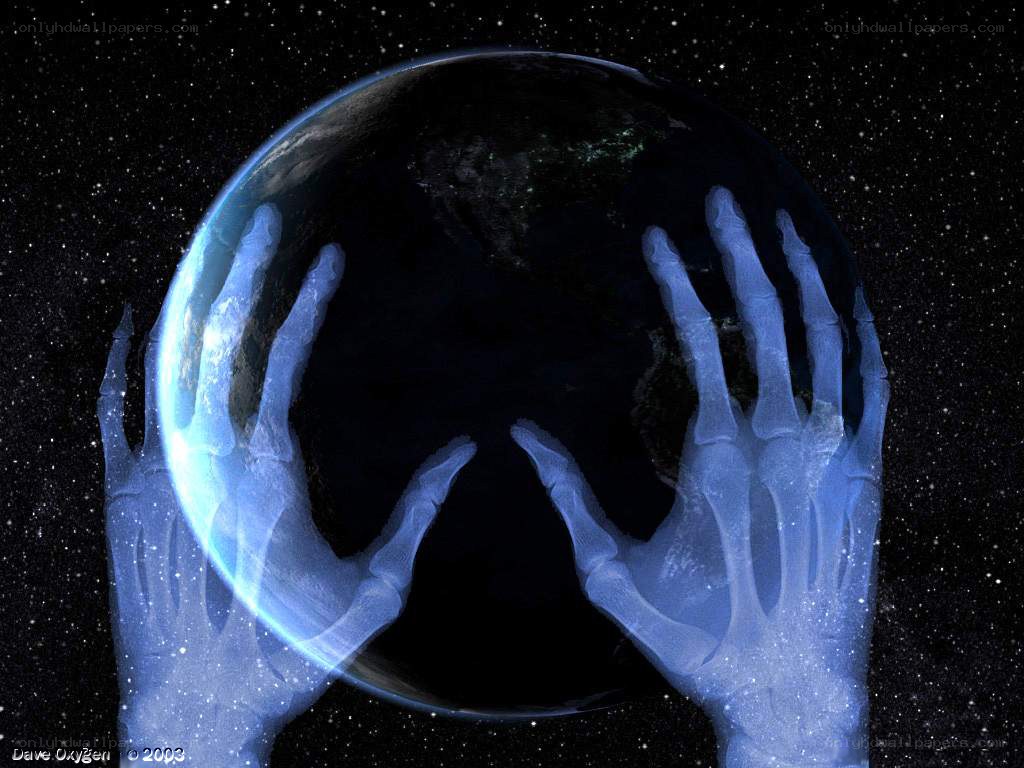 skeletal hands holding earth