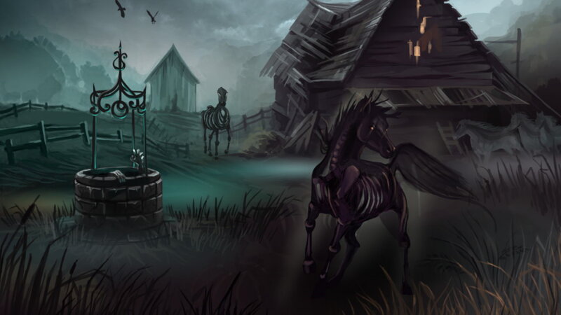 Skeletal Horses in Field
