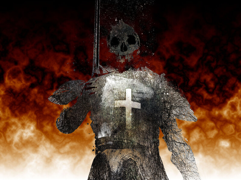 skeletal knight in fiery chaos
