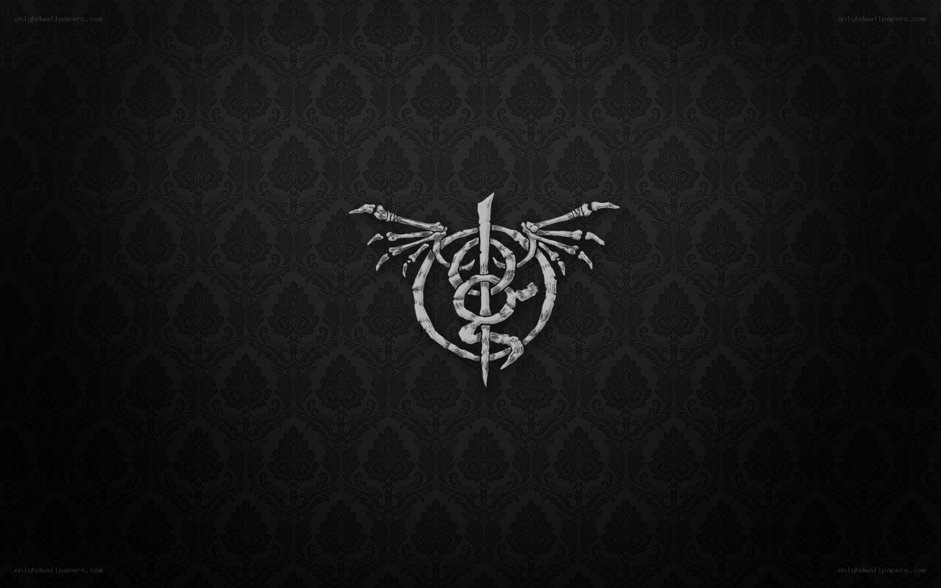 skeletal logo on damask background
