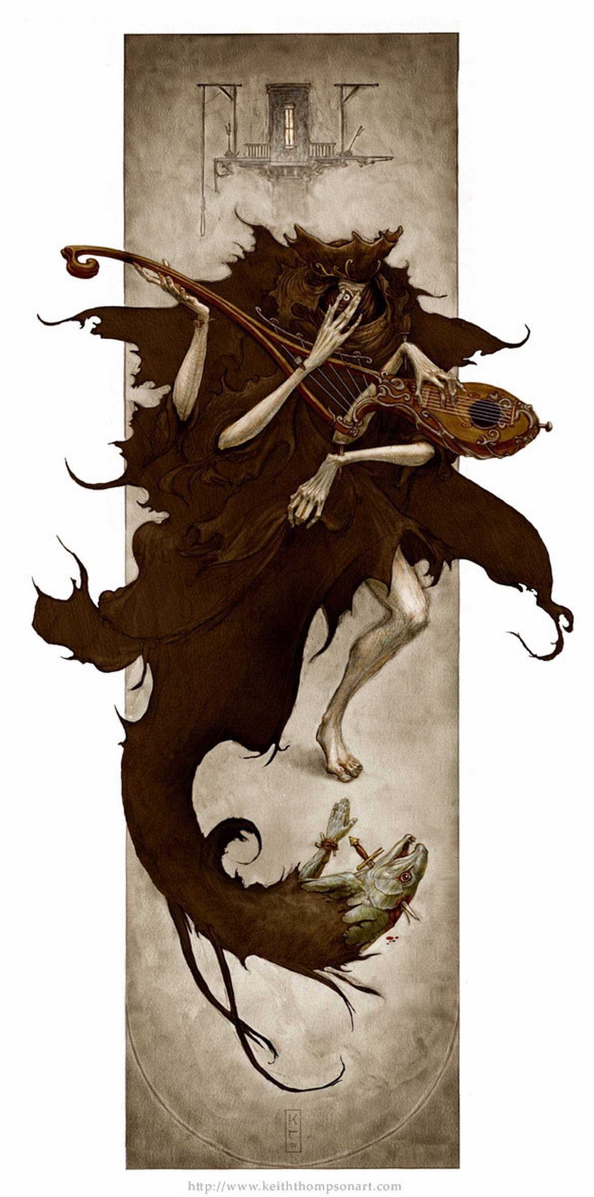 Skeletal musician with a fish