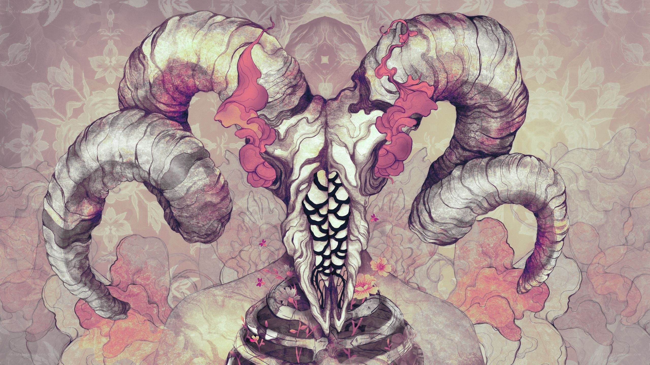 skeletal ram skull with floral background