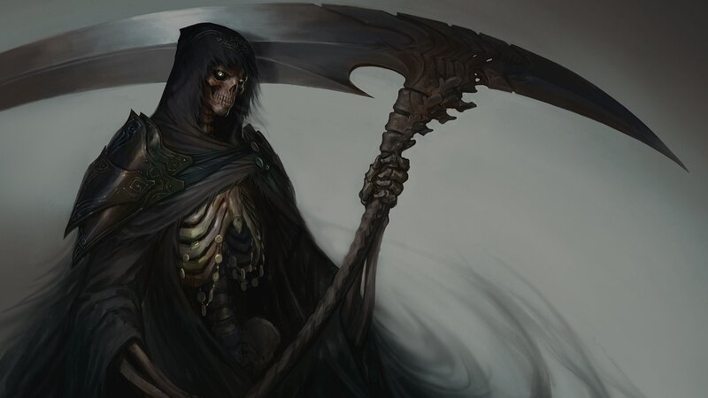 Skeletal Reaper Figure — Black, Dramatic, Digital Art, Scythe