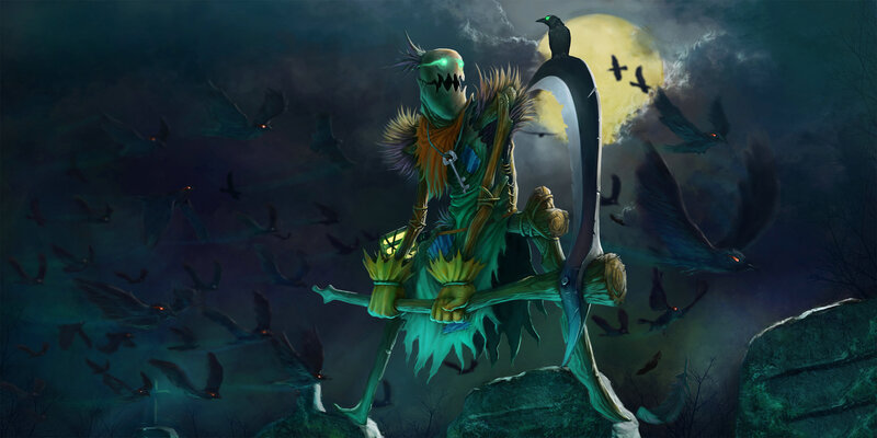 skeletal reaper with crows