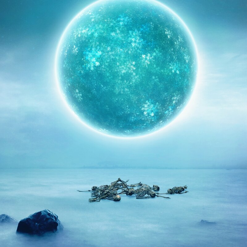 Skeletal remains under alien moon