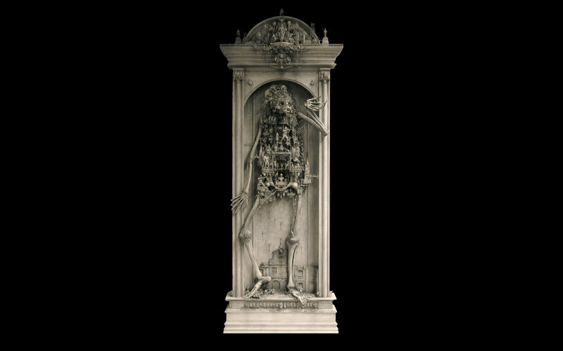 Skeletal sculpture with cityscape