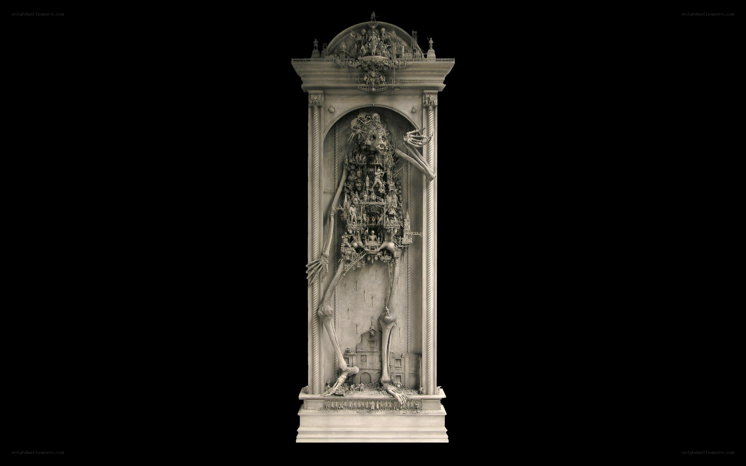 Skeletal sculpture with cityscape
