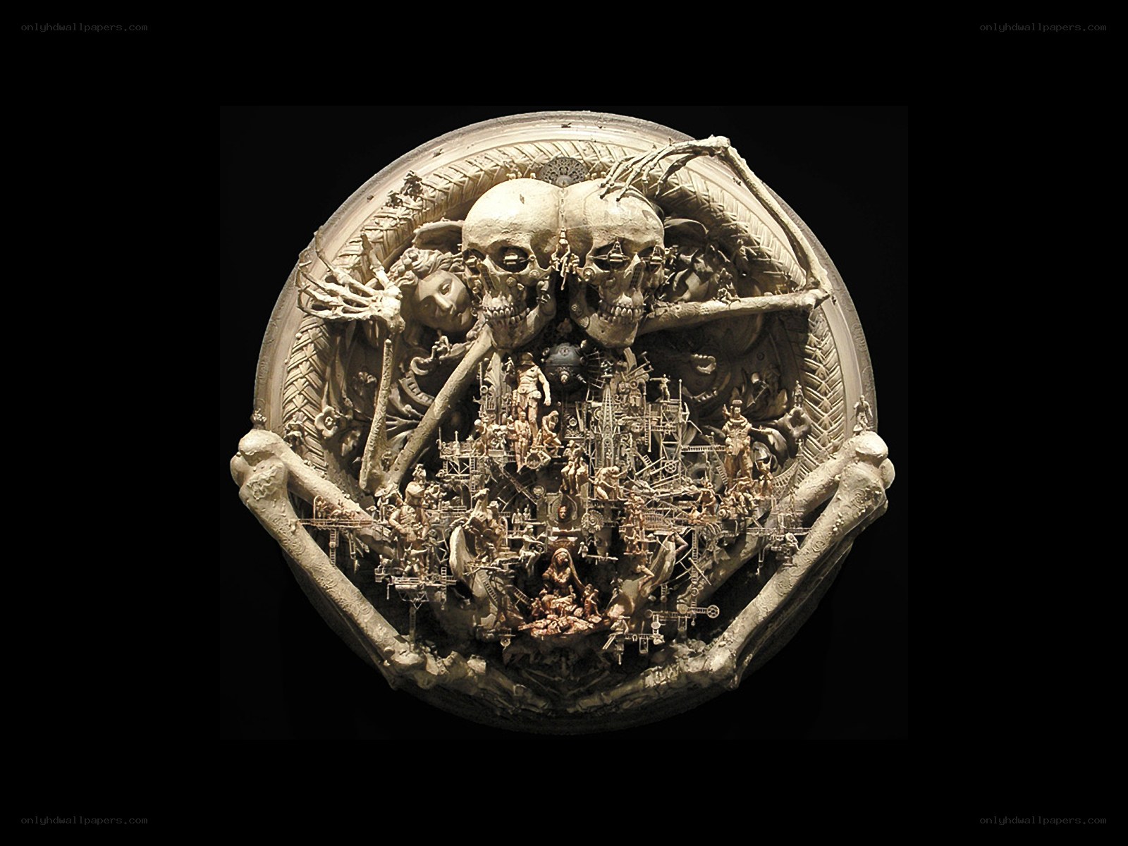 Skeletal sculpture with cityscape