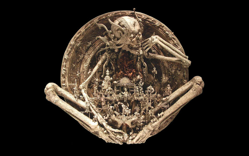 Skeletal sculpture with intricate details