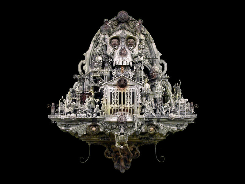 Skeletal sculpture with mechanical figures
