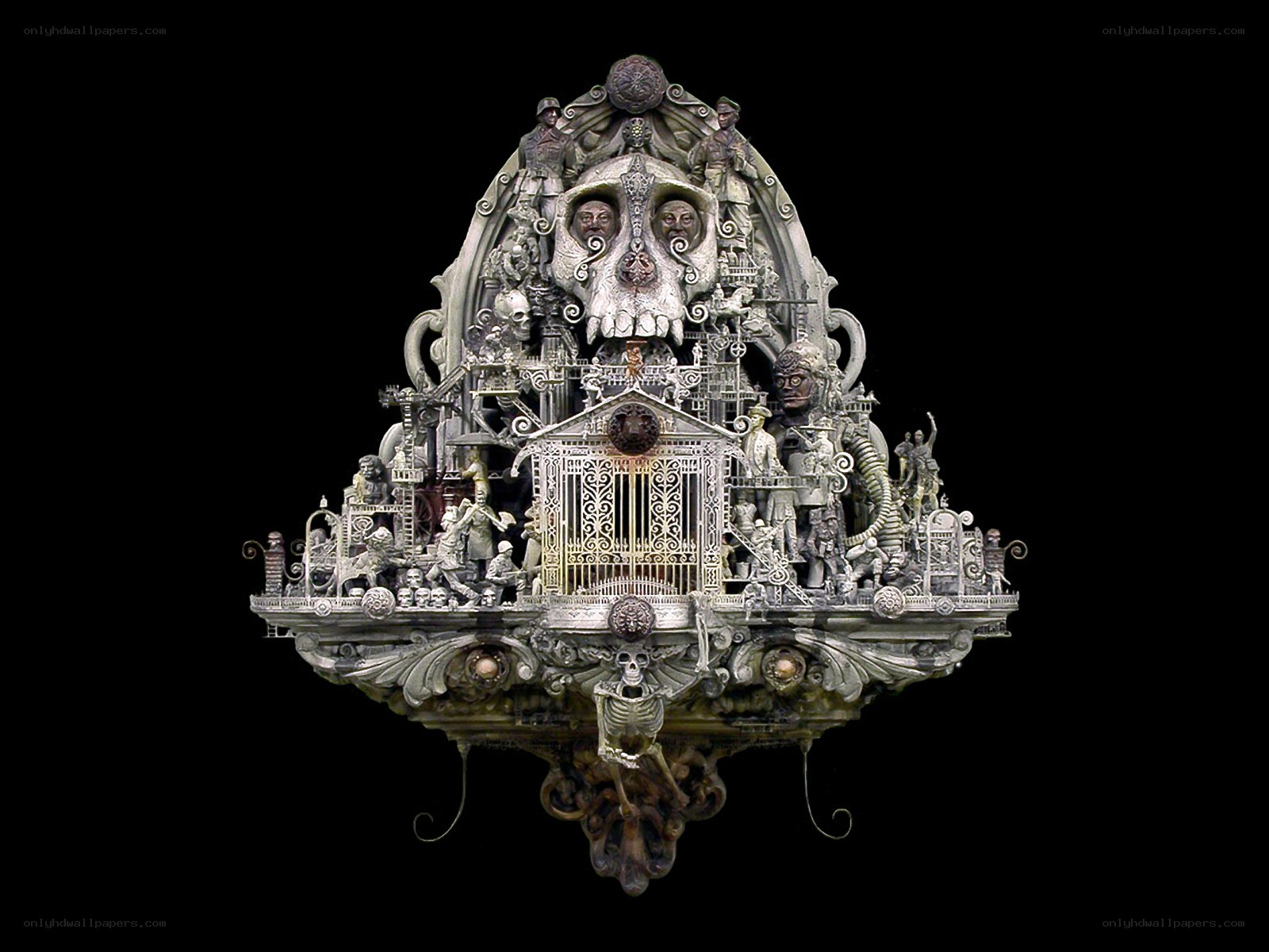 Skeletal sculpture with mechanical figures