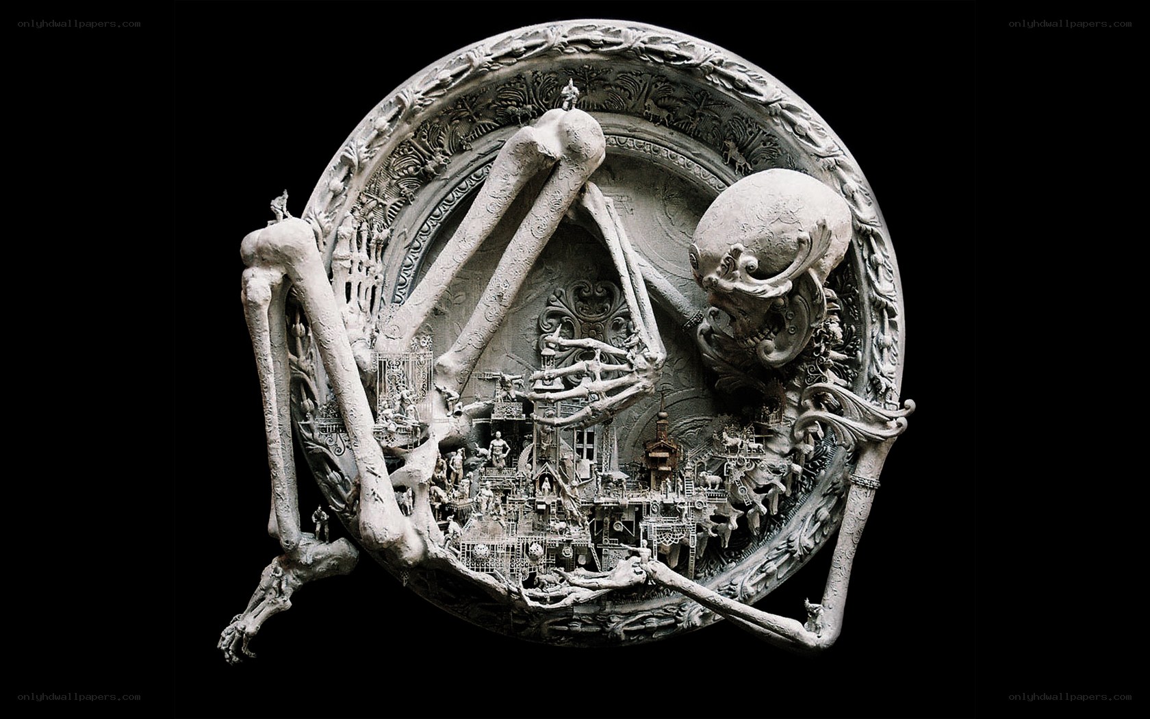 skeletal sculpture with miniature city