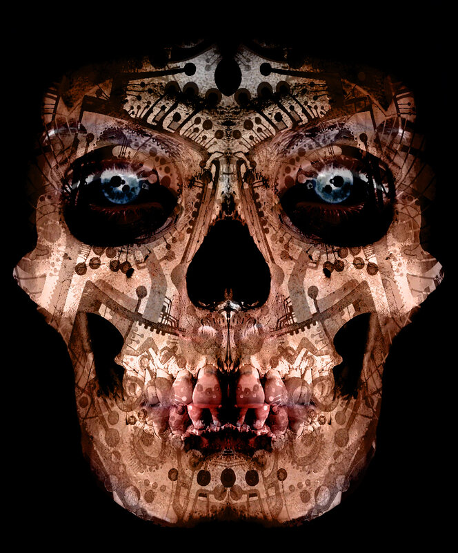 skeletal skull with blue eyes