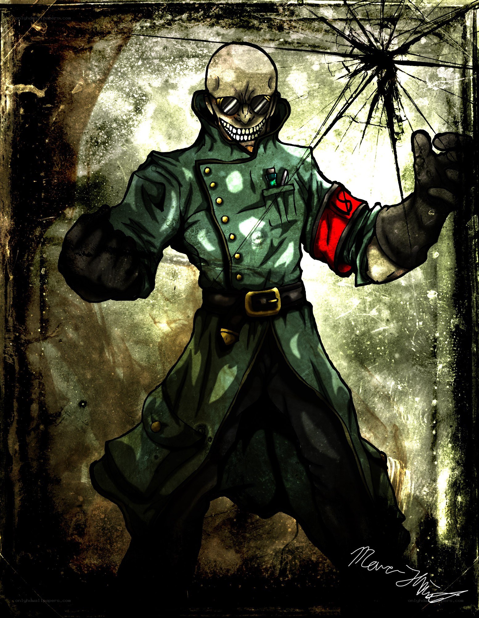 skeletal soldier in trench coat