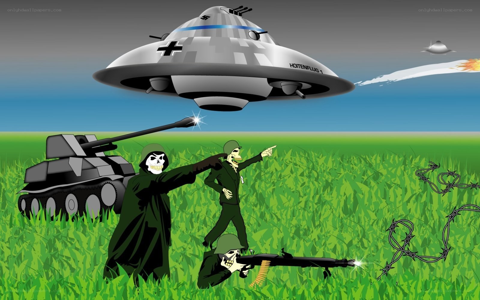 Skeletal soldiers in a field
