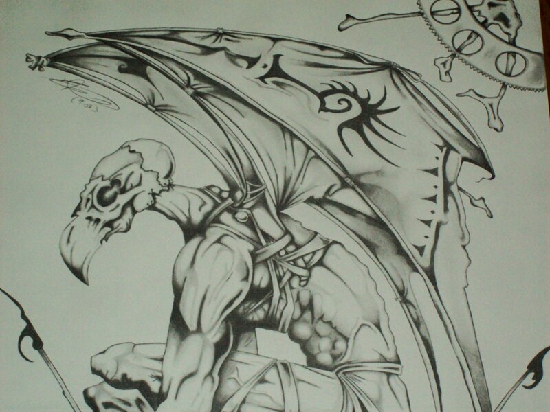 skeletal winged creature drawing