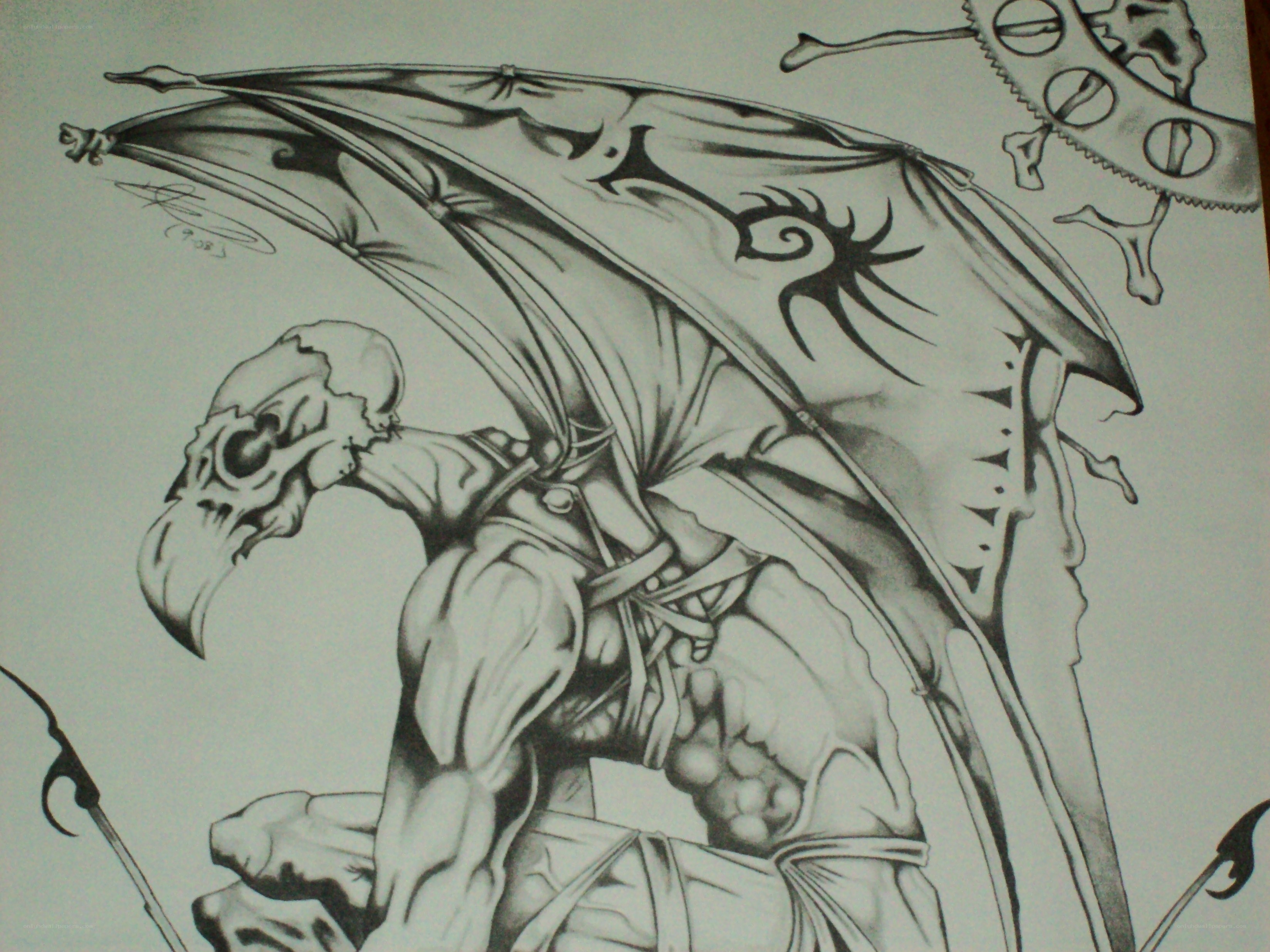 skeletal winged creature drawing