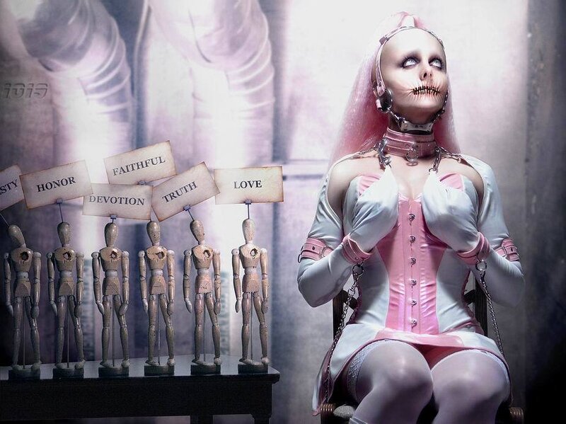 skeletal woman in pink corset