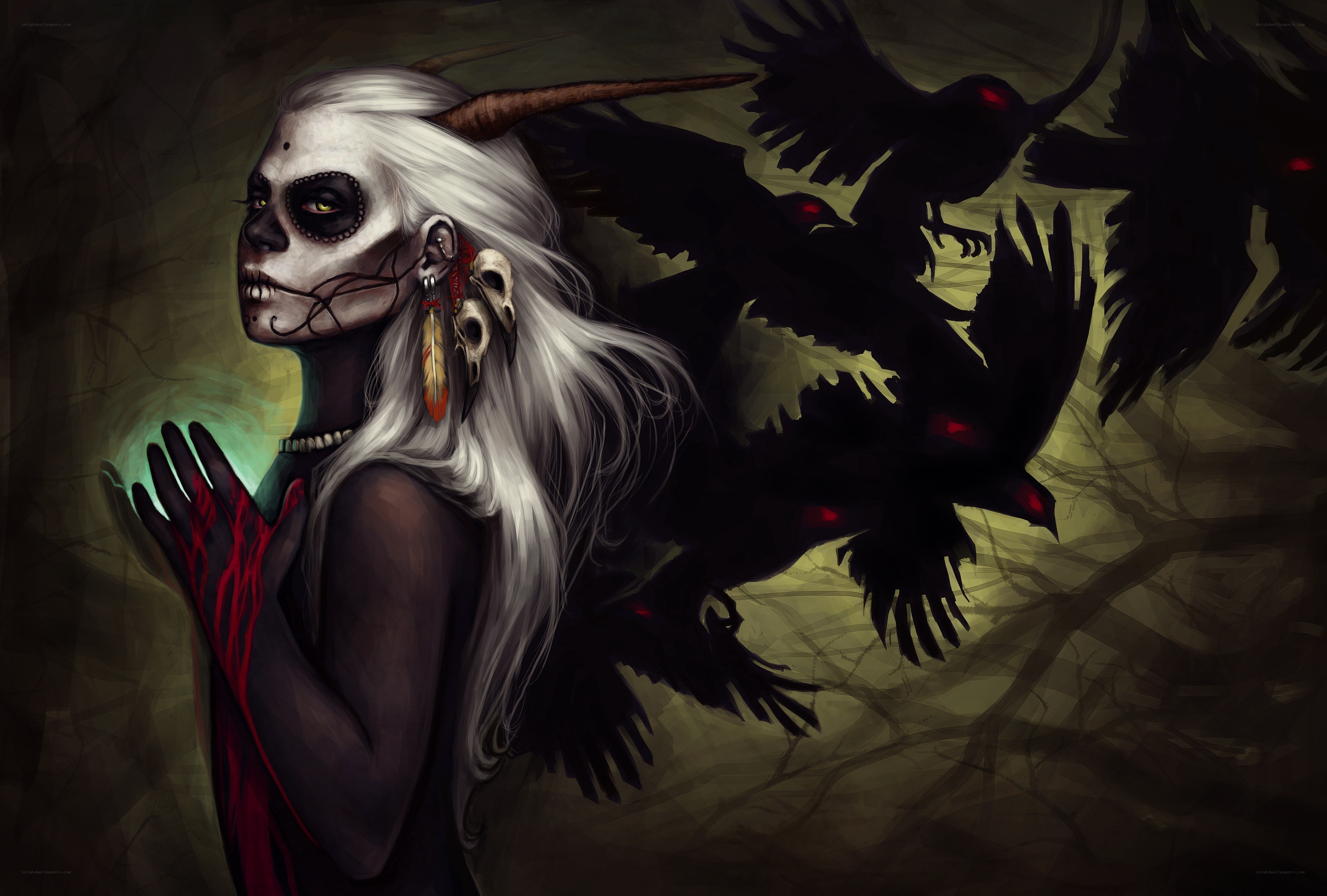 skeletal woman with crows