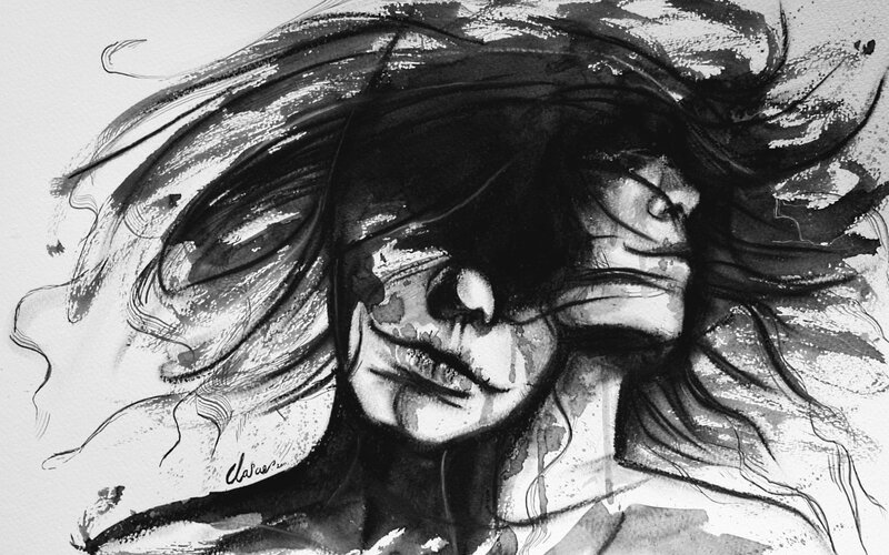 Skeletal Woman with Flowing Hair