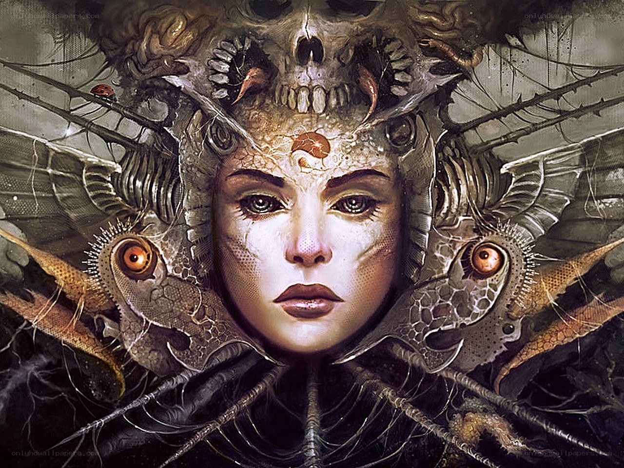 skeletal woman with mechanical wings